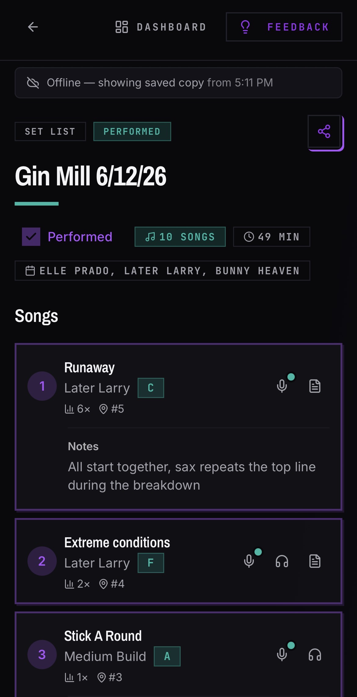 BANDANA set list showing the offline banner while the phone has no connection