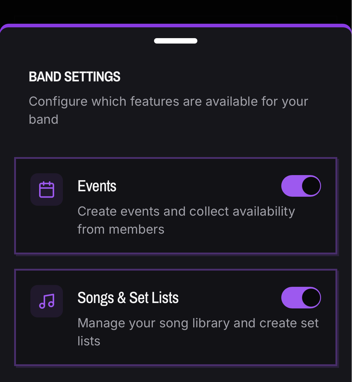 Band settings screen showing the Events toggle turned on