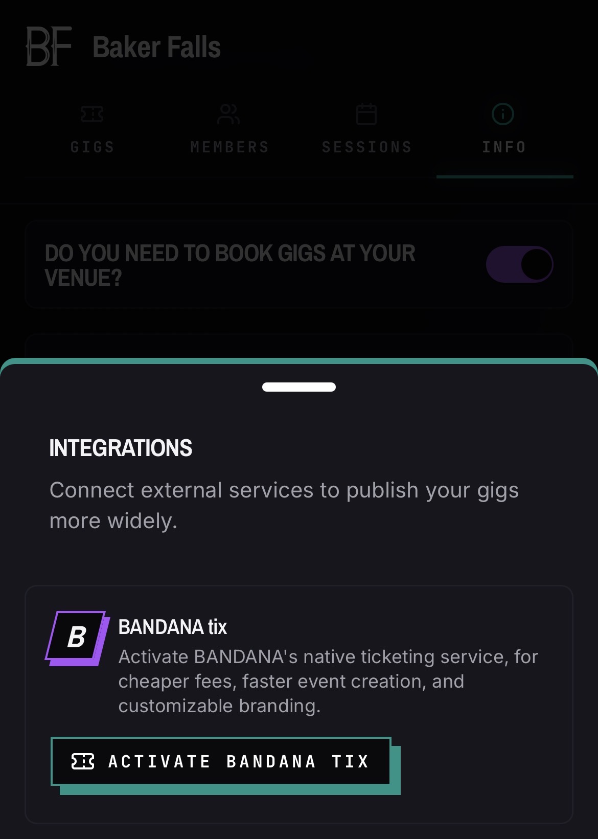 BANDANA tix activation card in a venue's Info tab integrations section