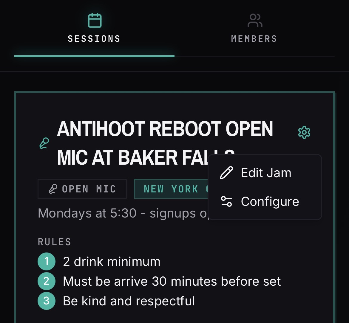 Open mic jam header in BANDANA with the gear icon menu open showing Edit Jam and Configure