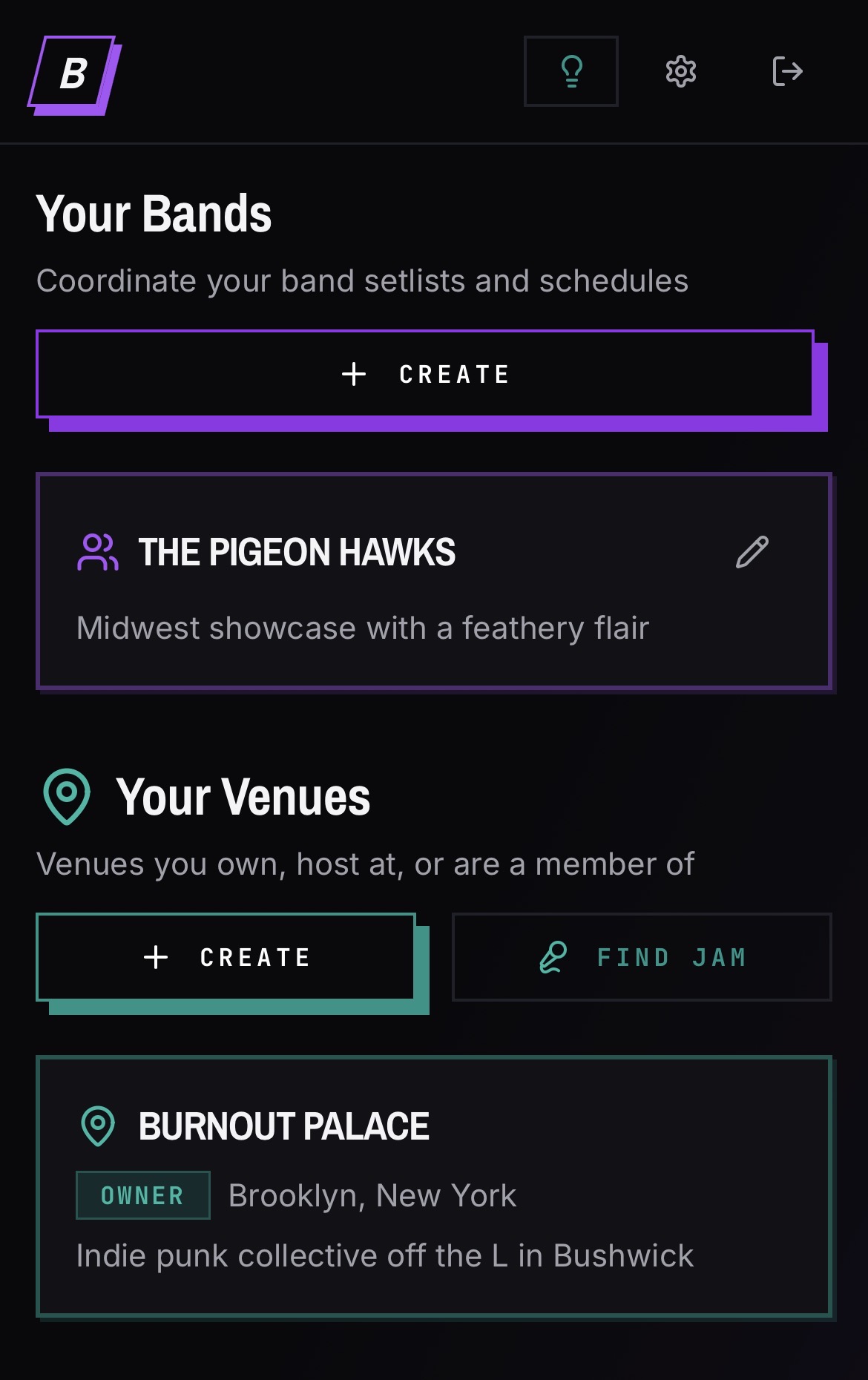 BANDANA dashboard on a phone listing a band and a venue the same person runs