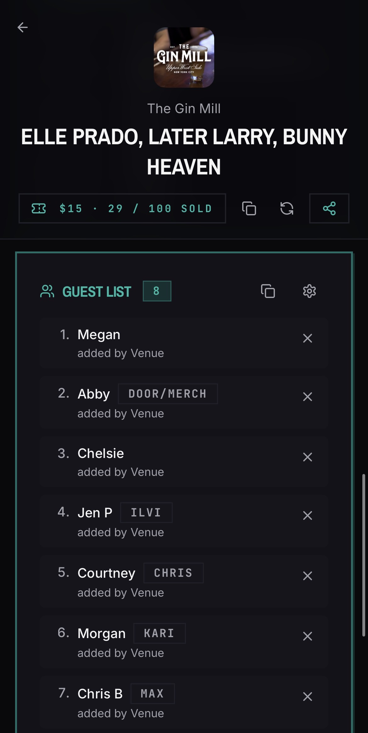 Guest list entries submitted by a band on a BANDANA gig page