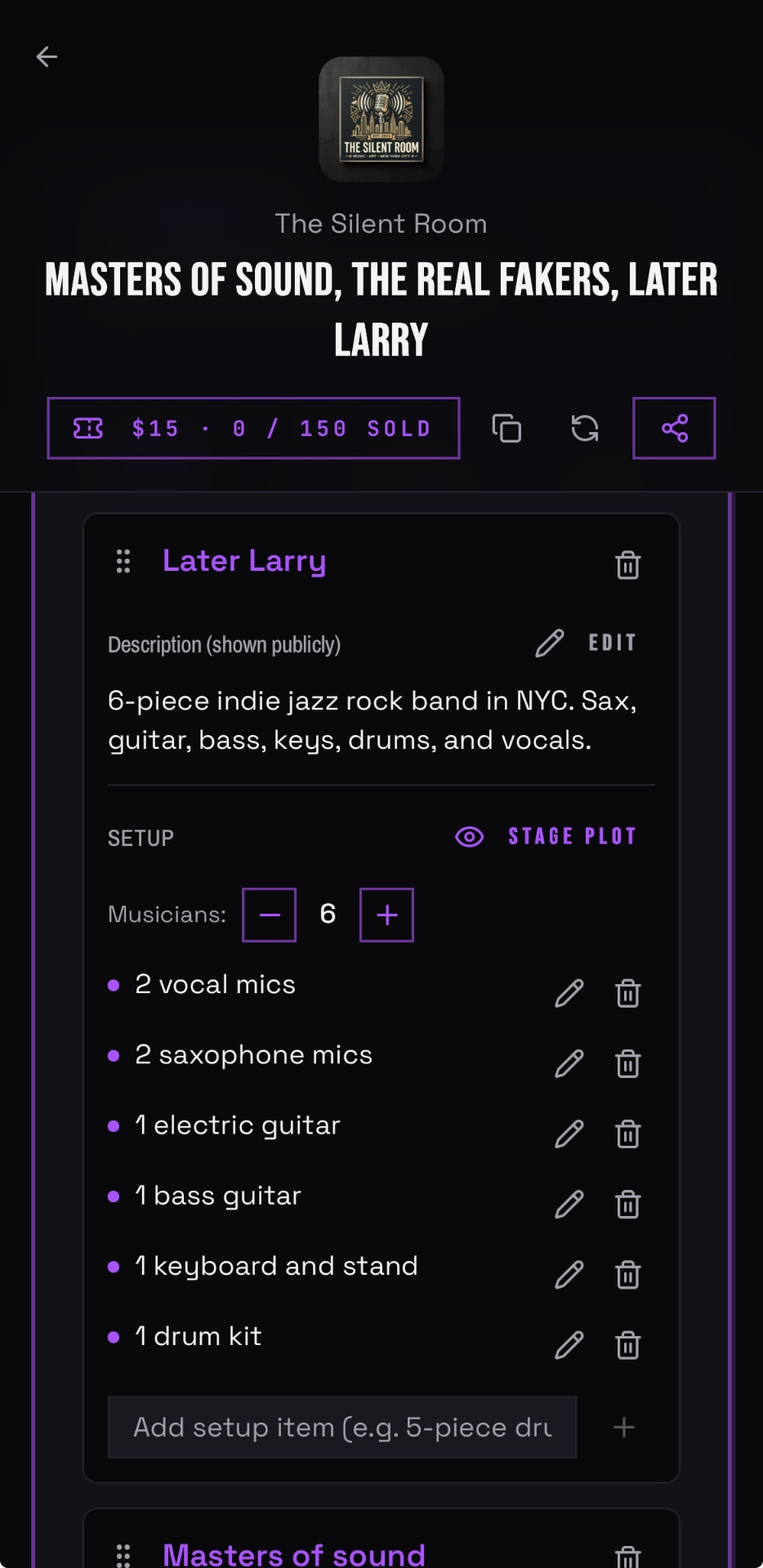 A band's stage setup and input needs attached to a BANDANA gig page