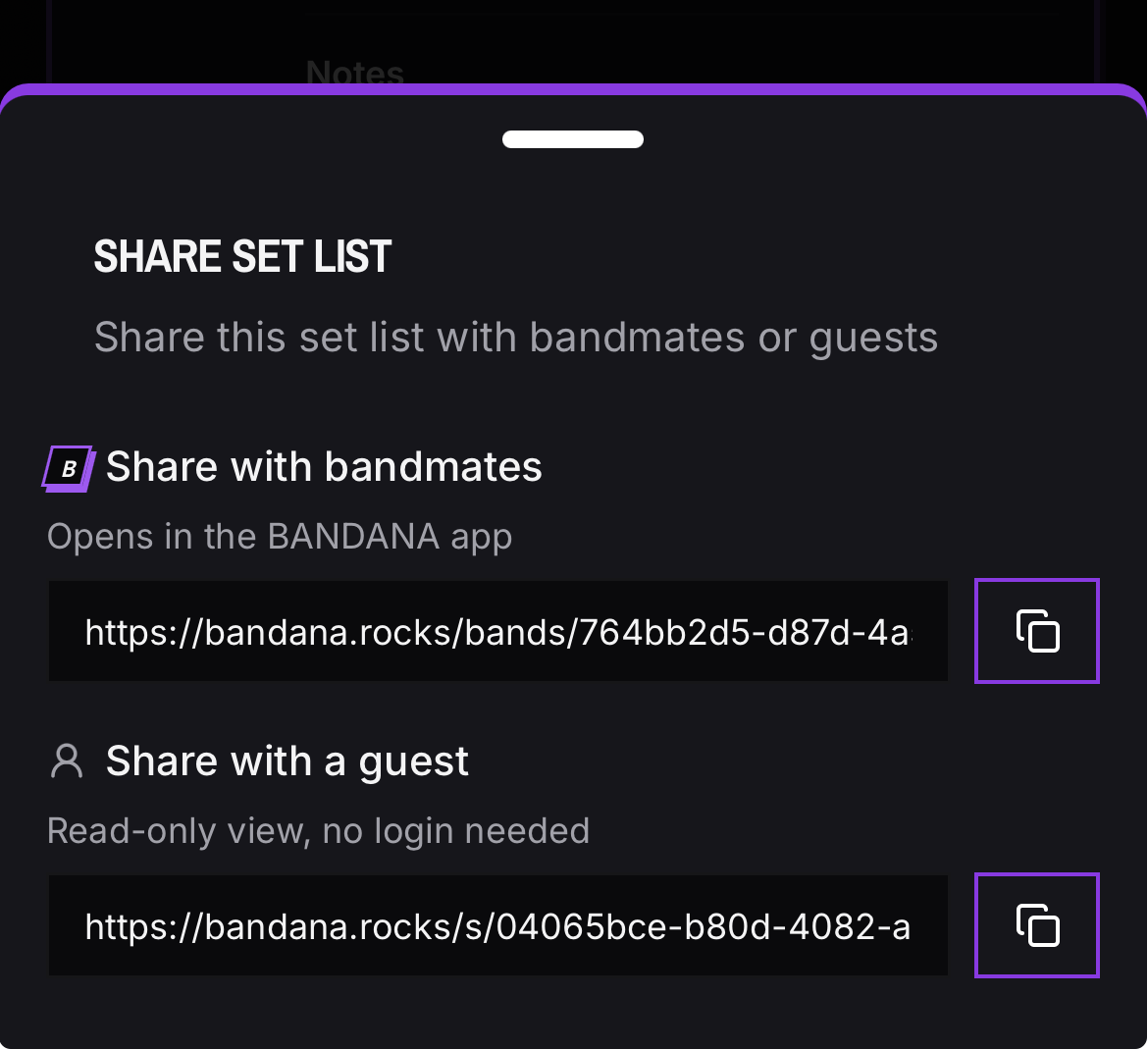 Share set list sheet with a bandmate link and a read-only guest link