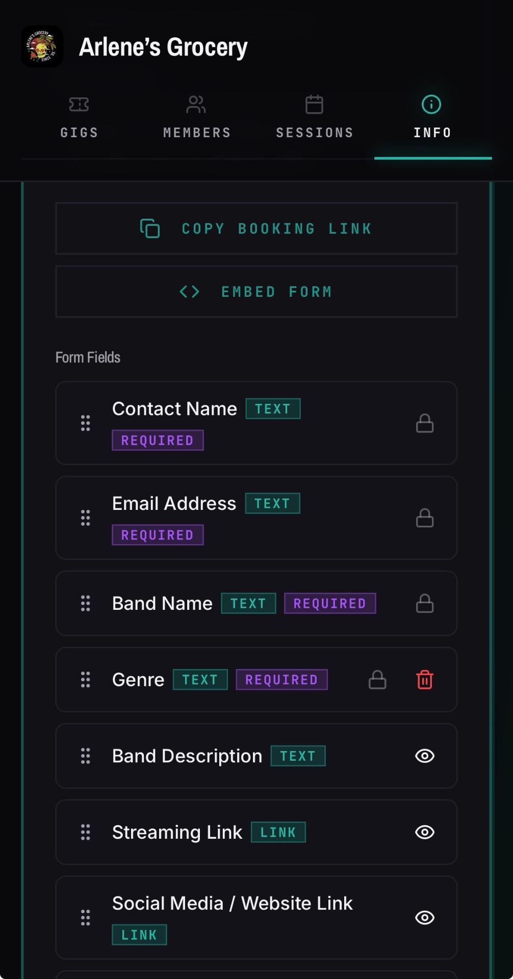 The Form Fields list in a venue's Info tab, with copy booking link and embed form buttons above it