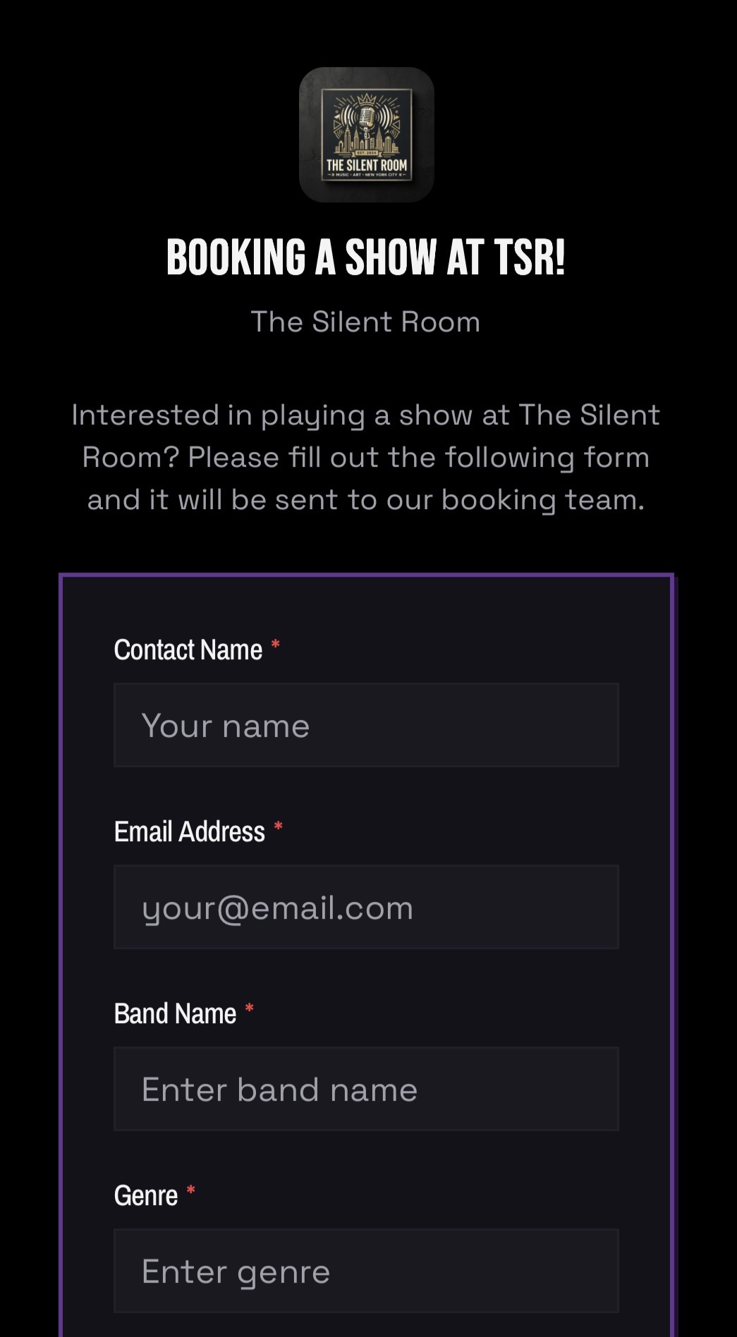A venue's public BANDANA booking form embedded on a website