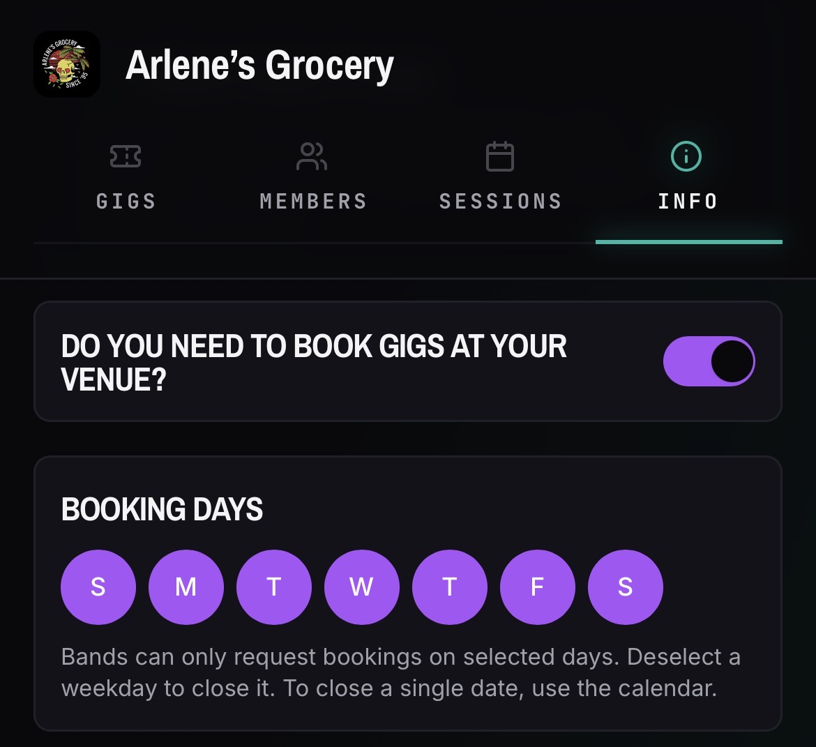 Venue booking settings in the Info tab, showing the toggle to enable booking and the day-of-week selector