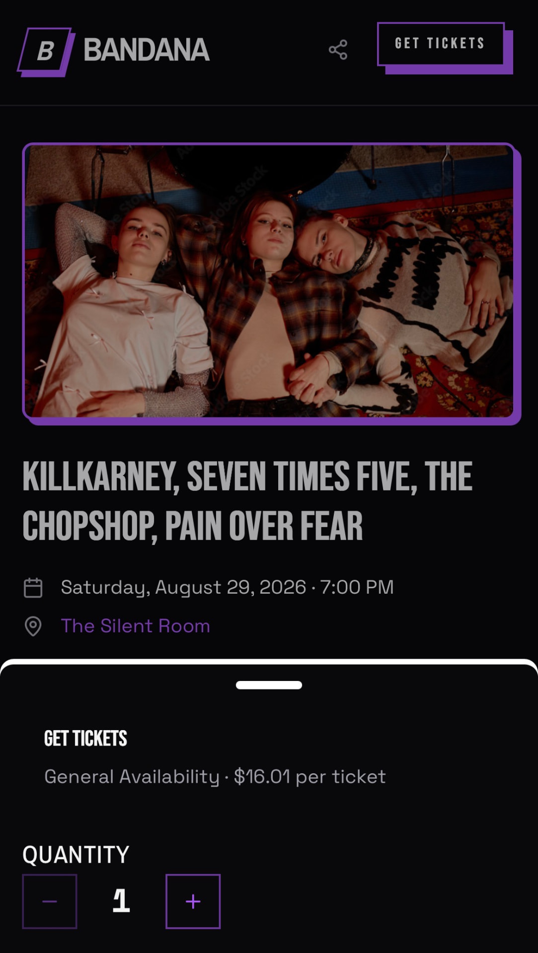 A live public BANDANA tix ticket page styled with a venue's colors