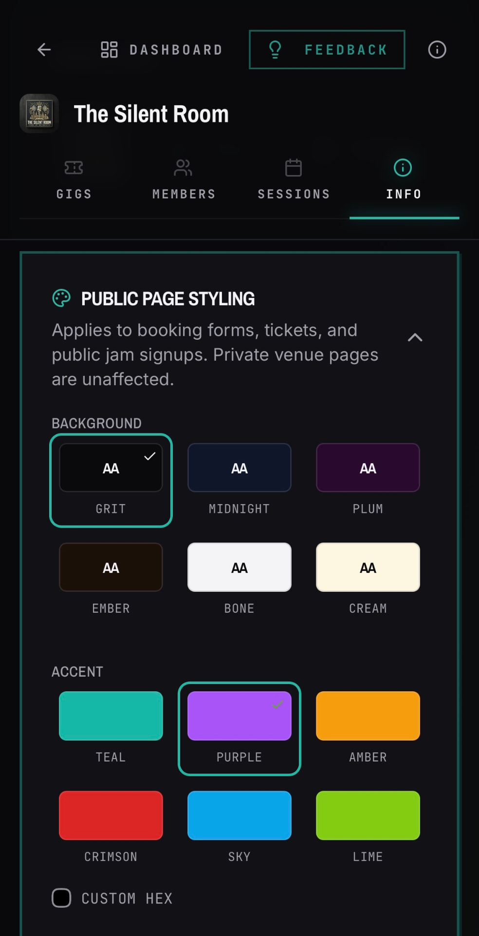 Public page styling card in a venue's Info tab with background, accent, and font choices