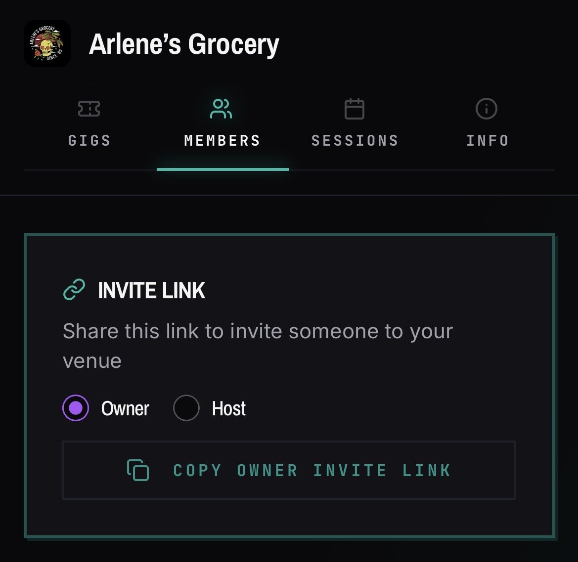 A venue's invite link card with Owner and Host role options and a copy link button