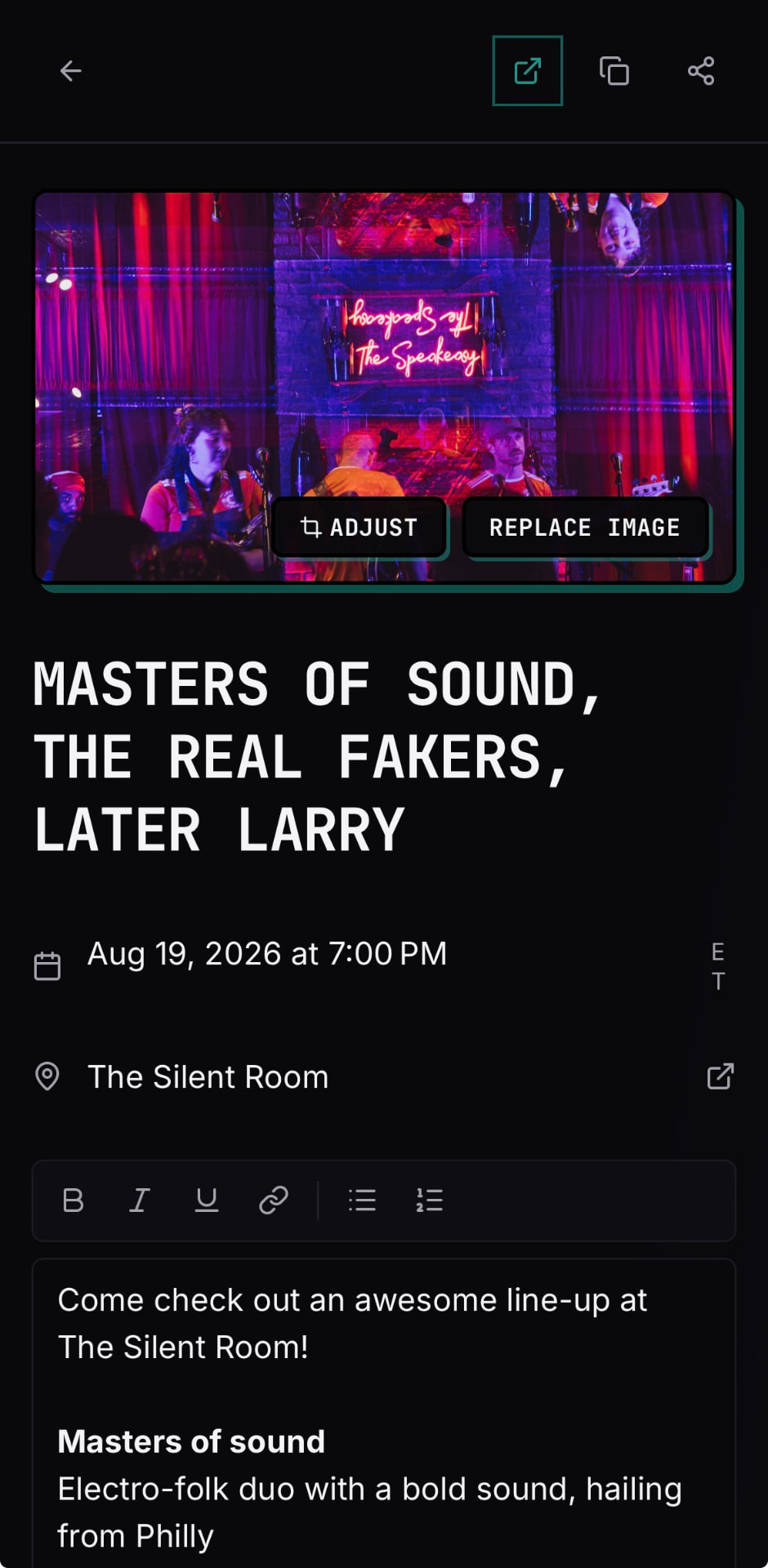 Editing a BANDANA tix ticket page with a hero image and rich text description