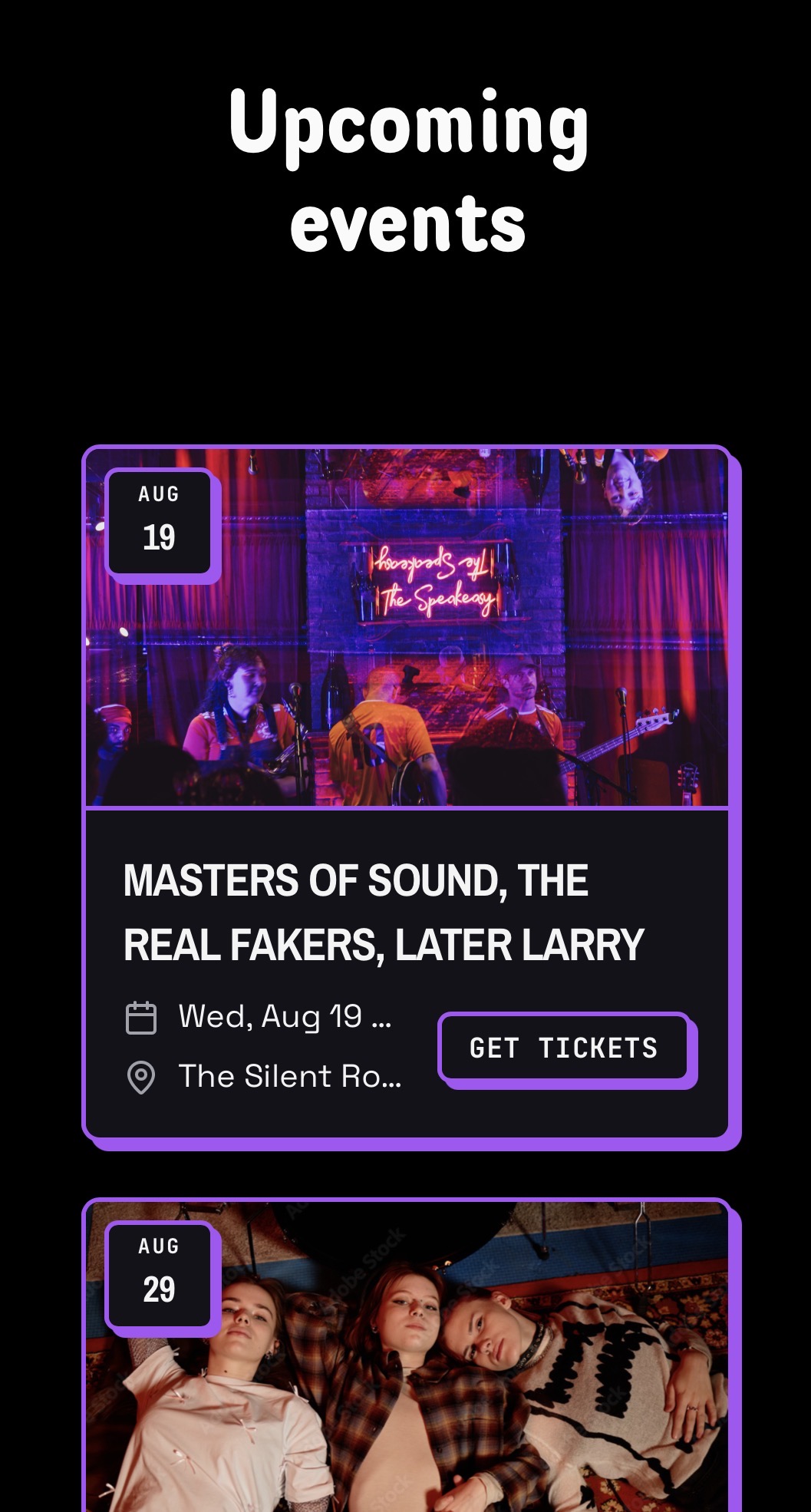 A venue's upcoming shows calendar embedded on its own website