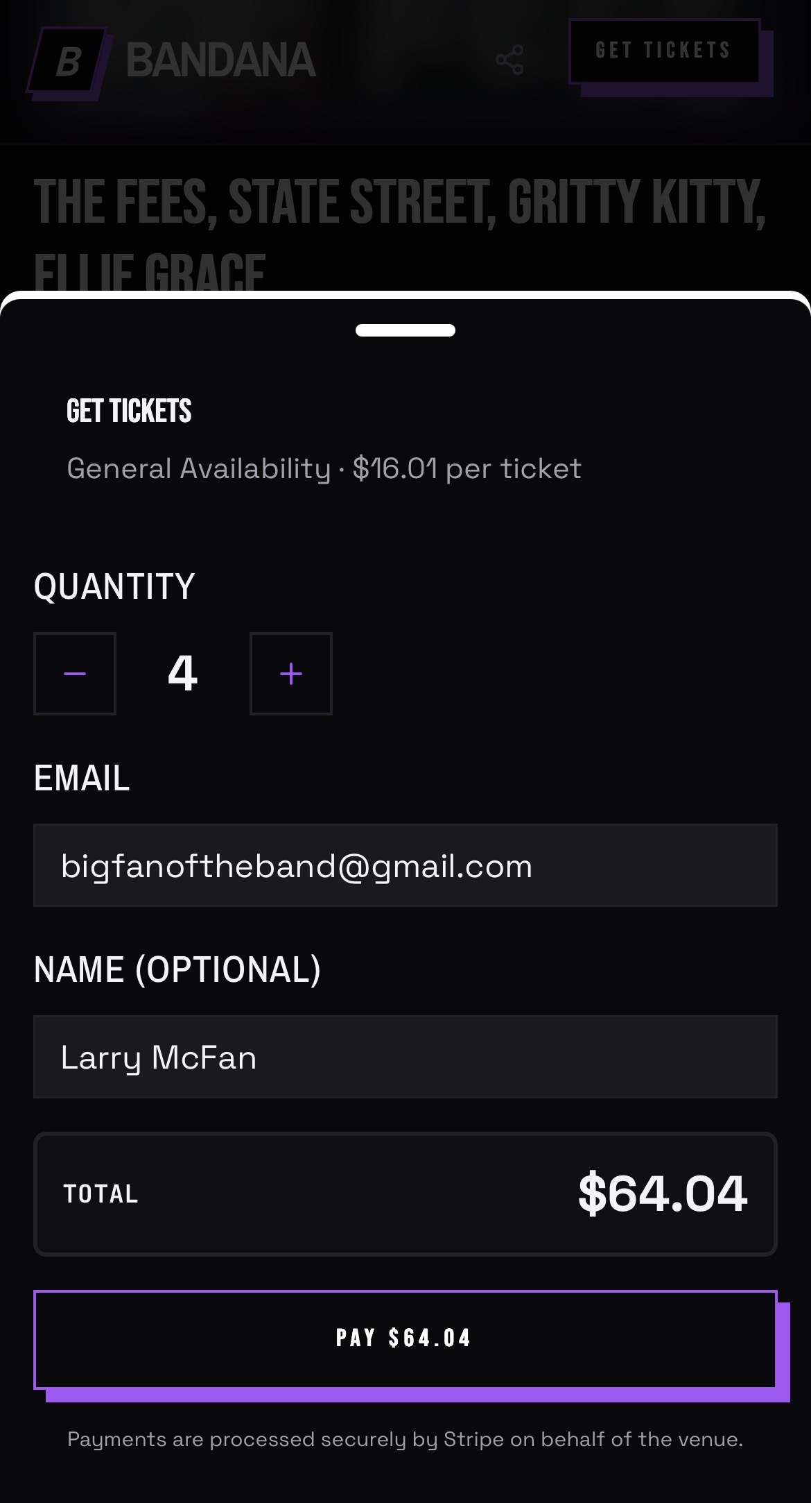A fan buying a ticket in BANDANA tix with pricing and fees shown