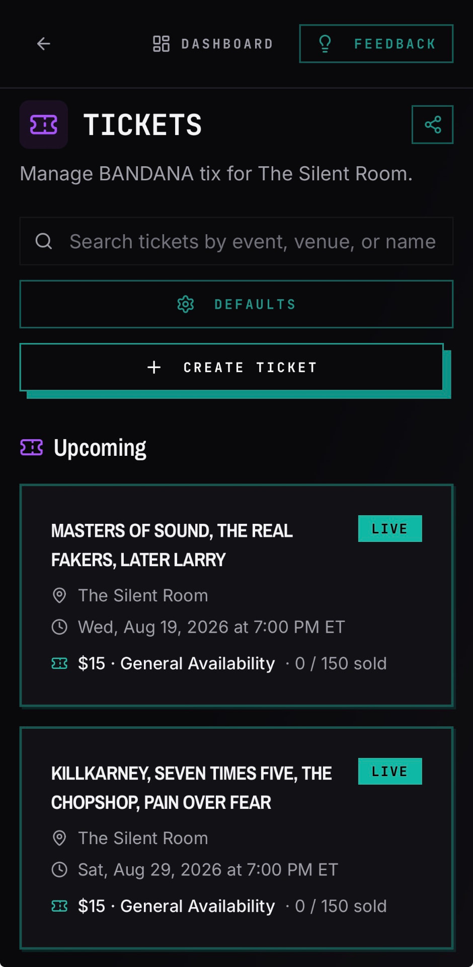 A venue's upcoming ticketed shows with sales counts in BANDANA