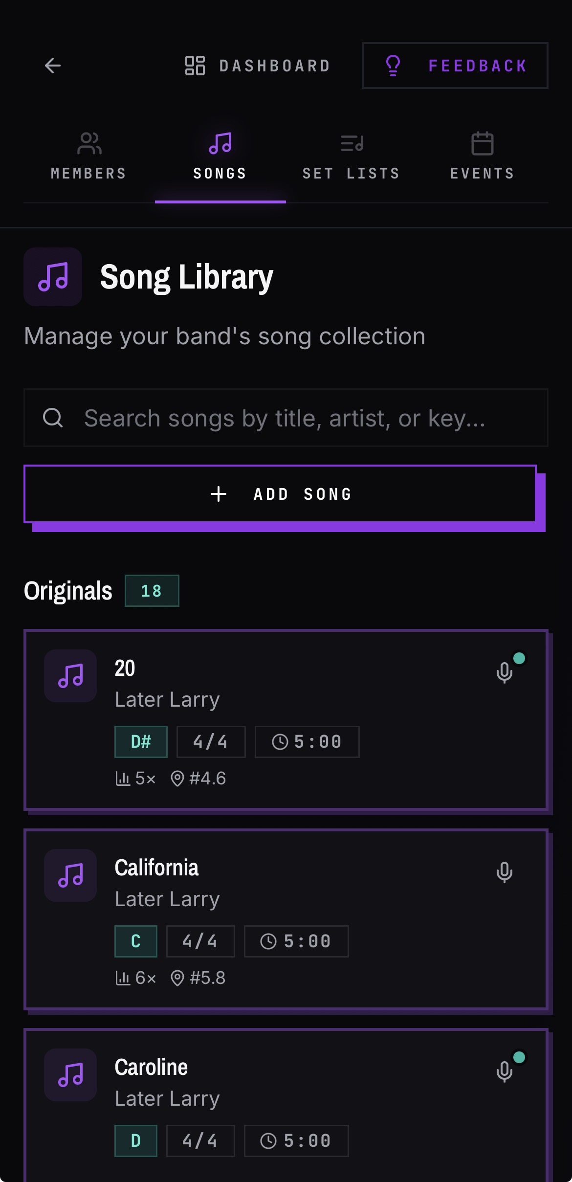 BANDANA song library on a phone listing a band's songs with keys and recordings