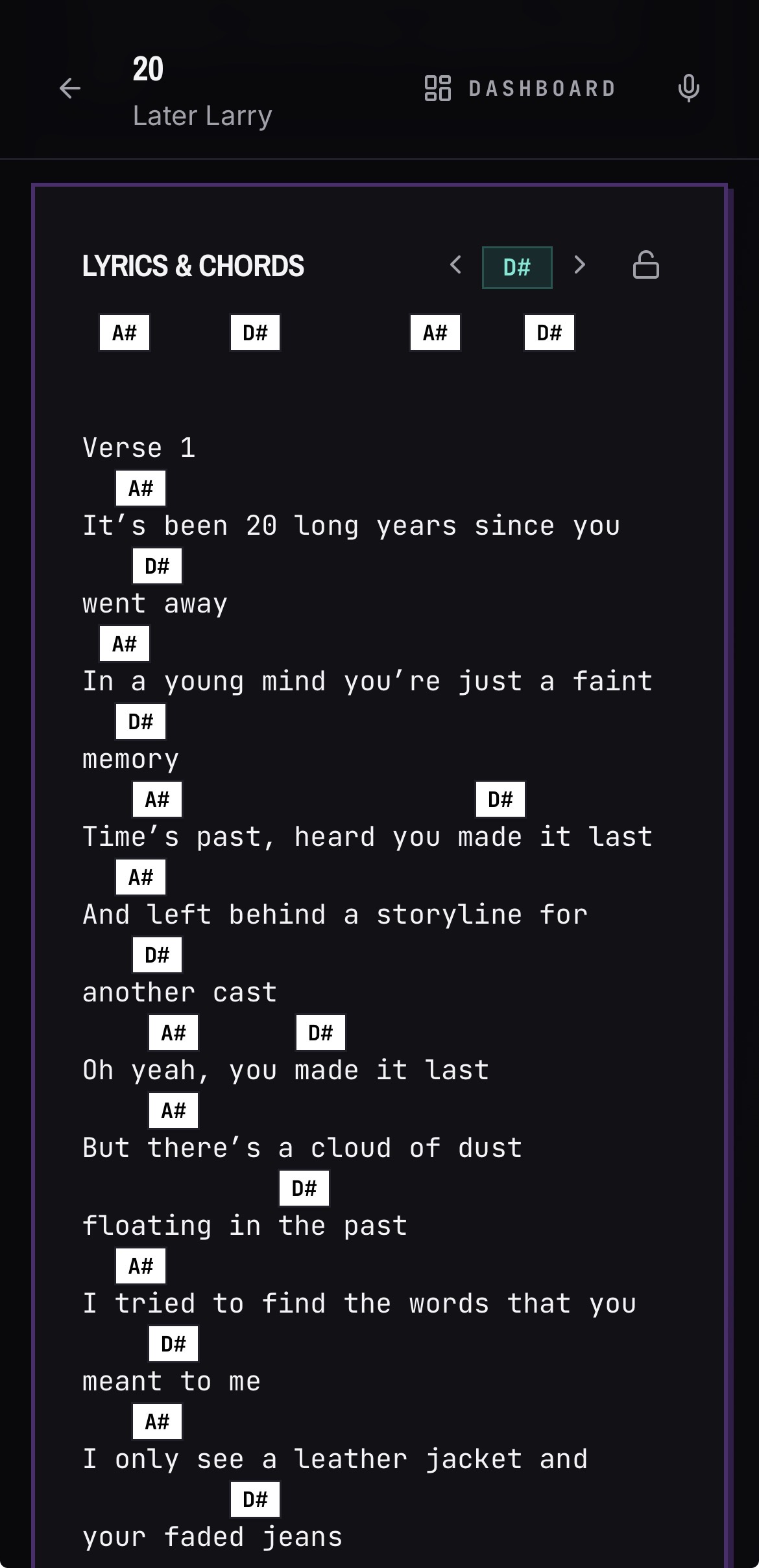 Lyrics with chords positioned above the words on a BANDANA song page