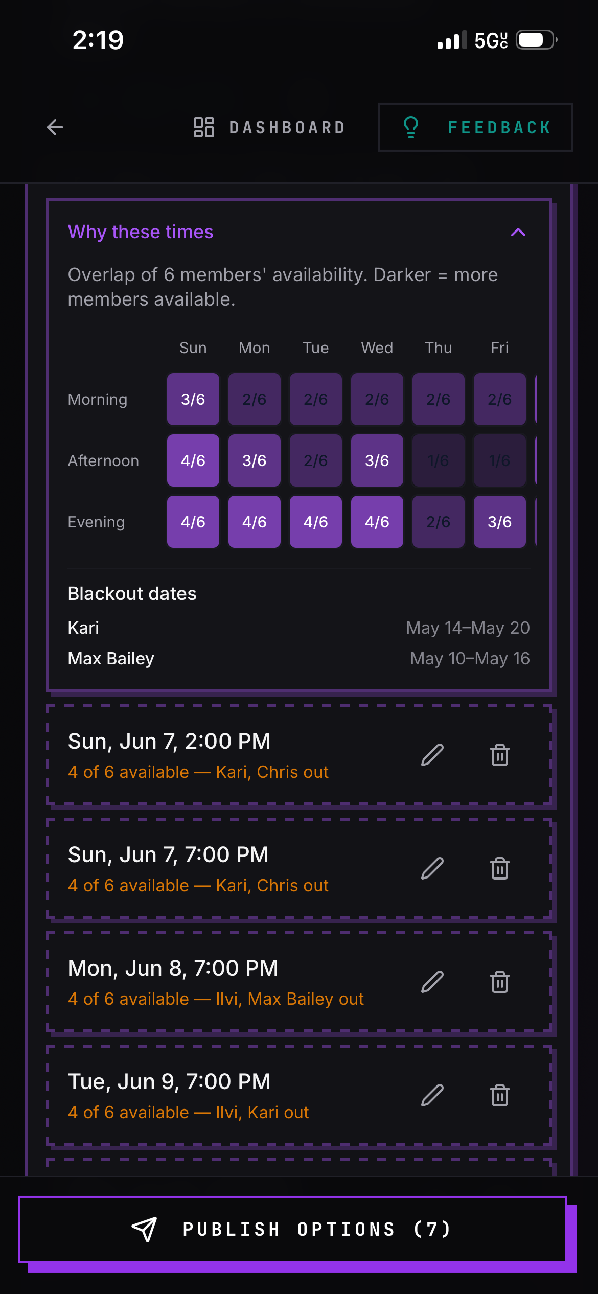 Proposed rehearsal time slots listed on a BANDANA band event
