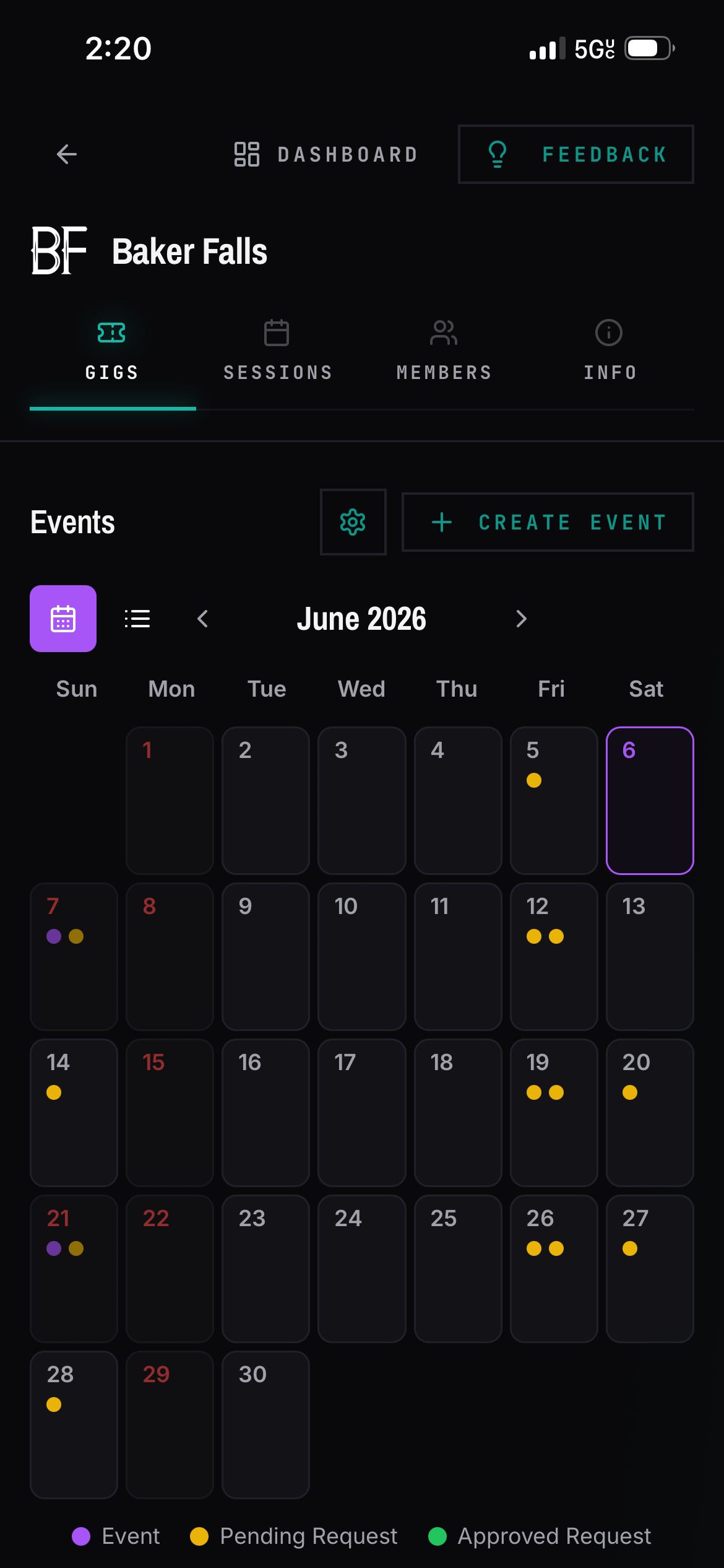 A venue booking calendar in BANDANA with open and closed dates marked