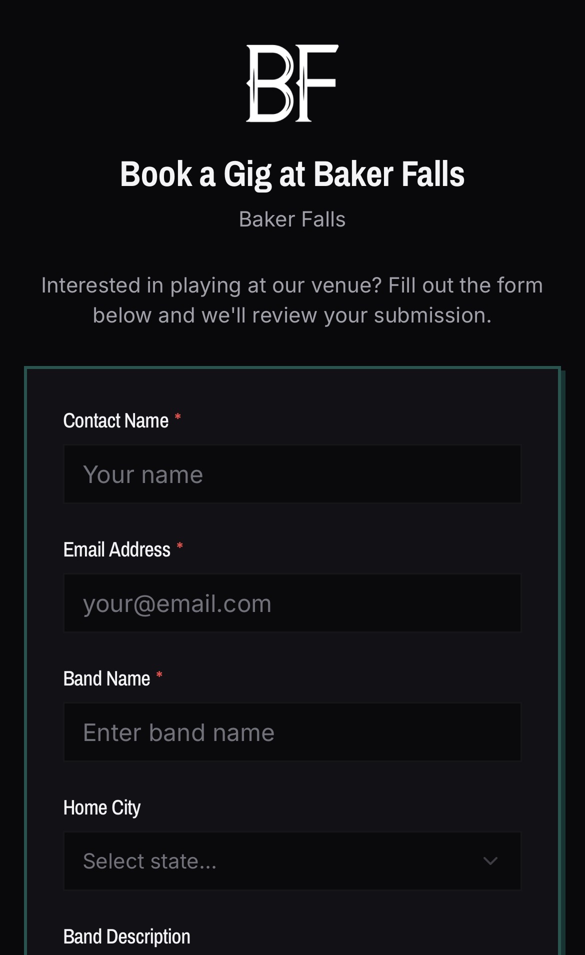 A band filling out a venue's booking request form in BANDANA