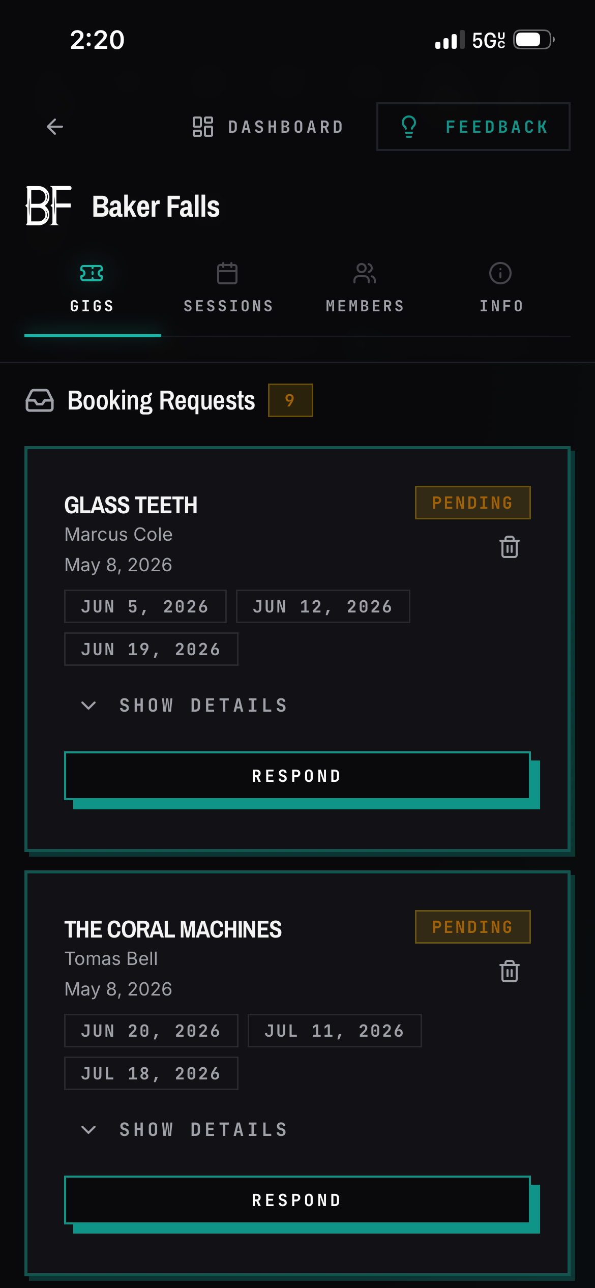Incoming band booking requests listed for a venue in BANDANA