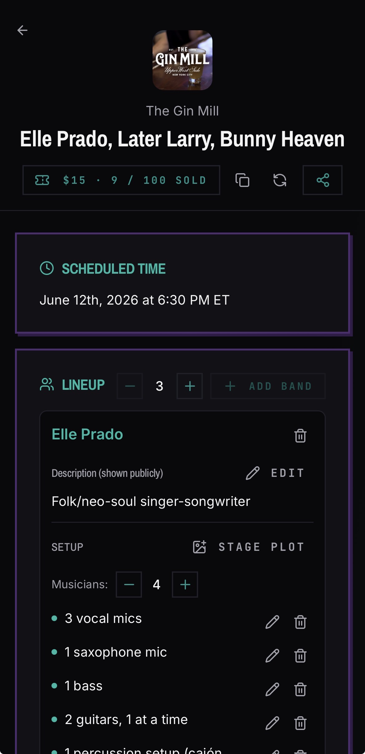 A BANDANA gig advance page showing set times, backline and band details