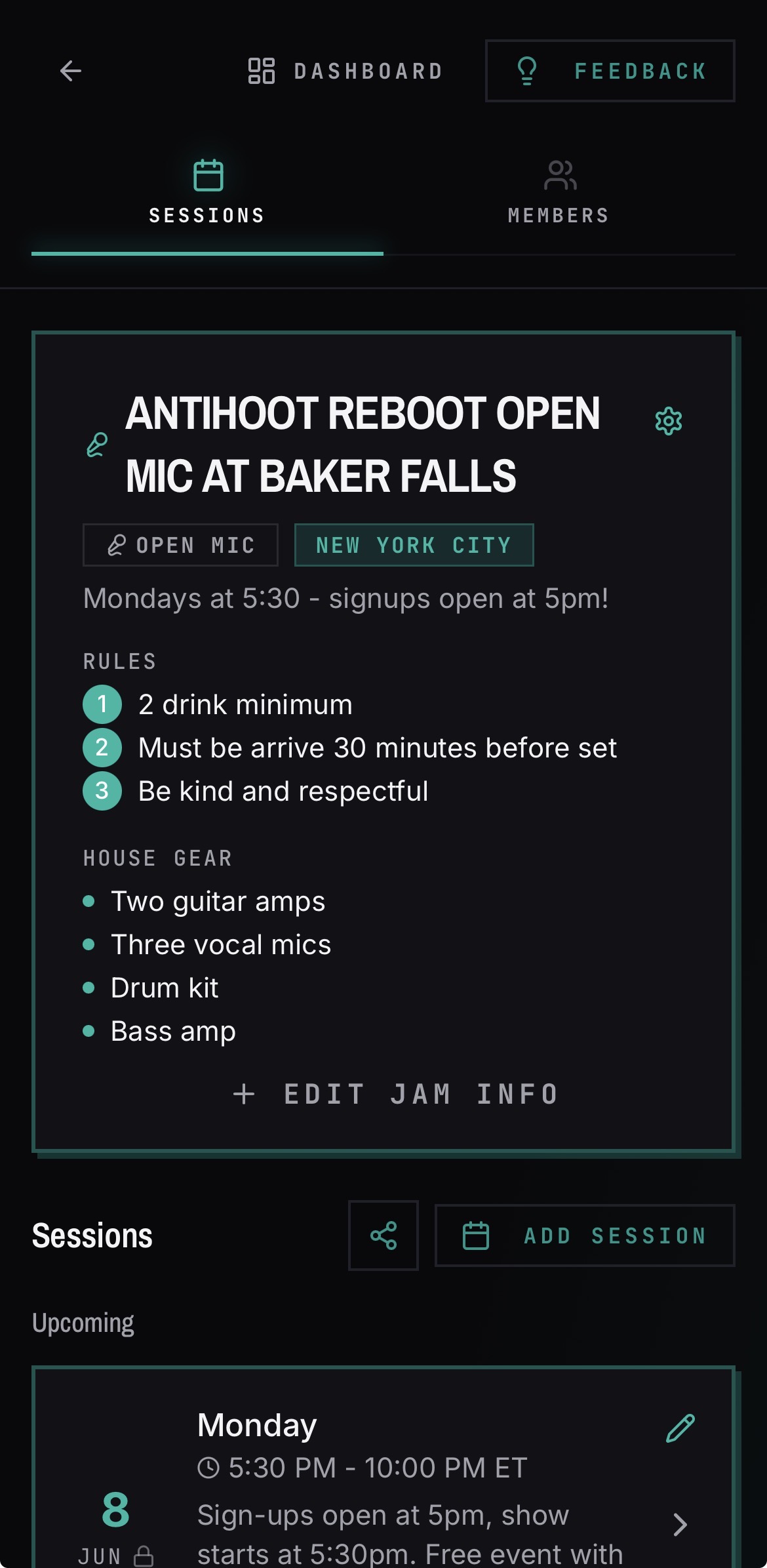 Recurring open mic and jam sessions listed for a venue in BANDANA