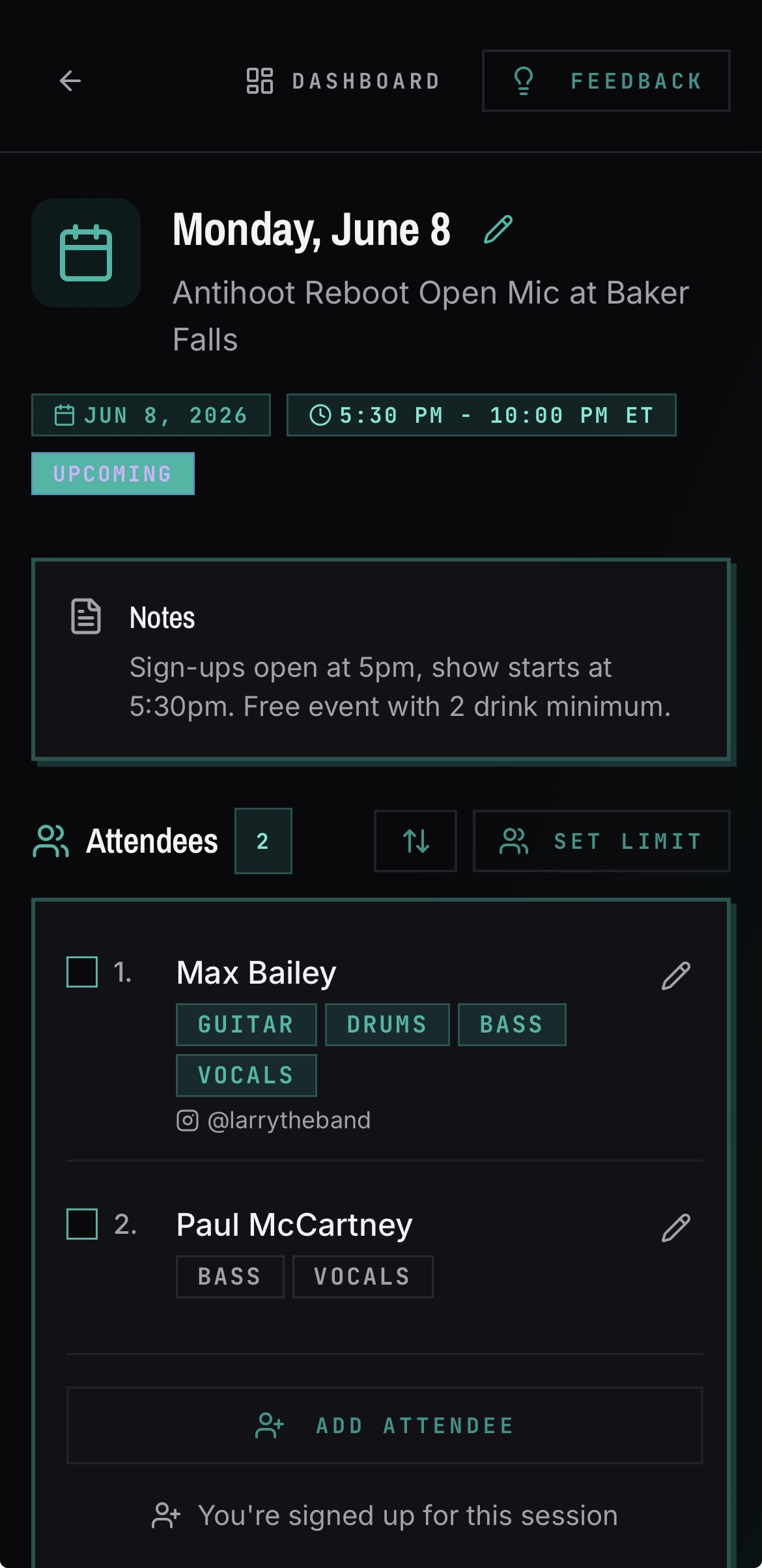 An open mic sign-up sheet with players and songs on a phone