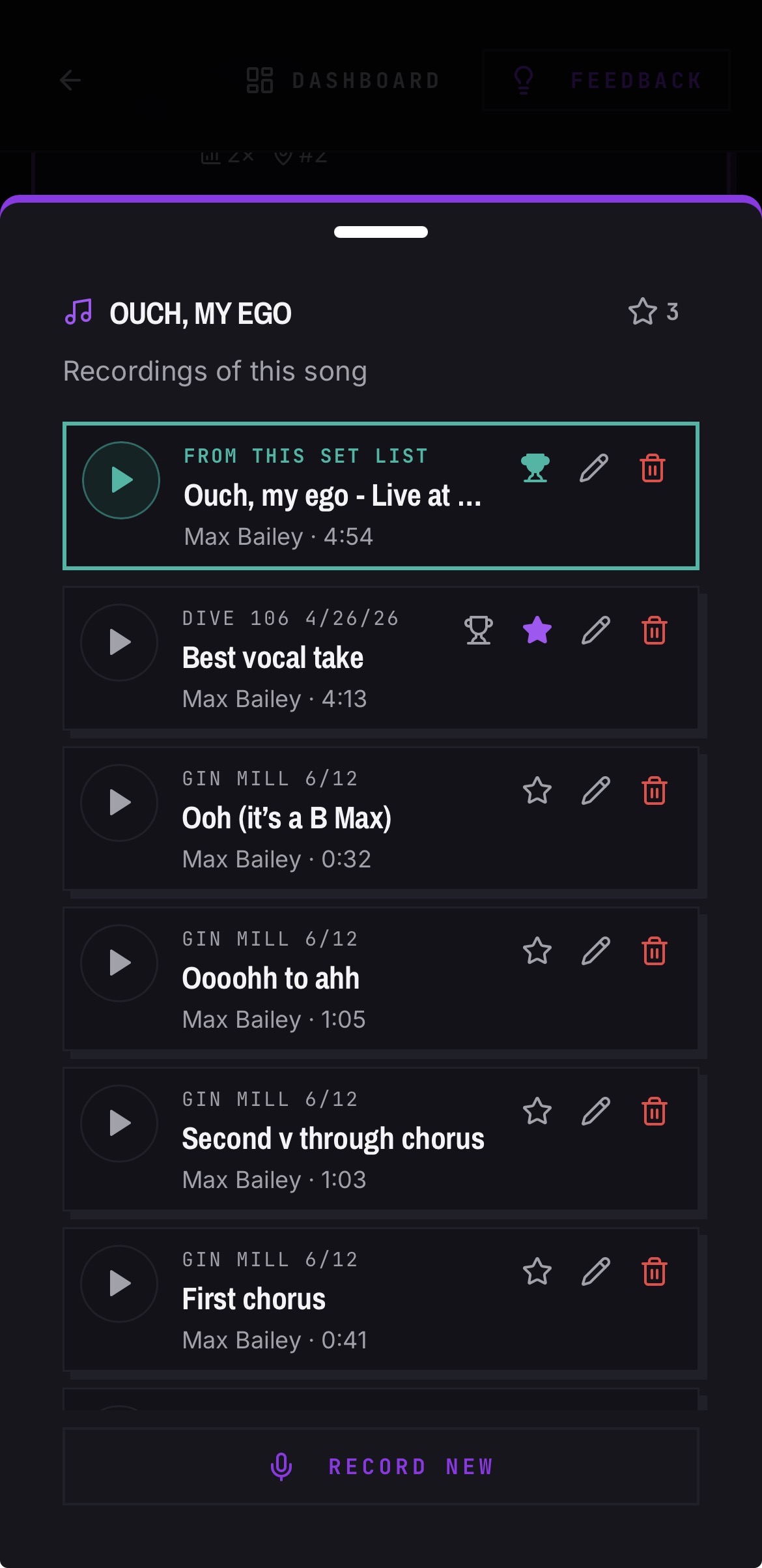 Rehearsal recordings listed underneath a song in BANDANA