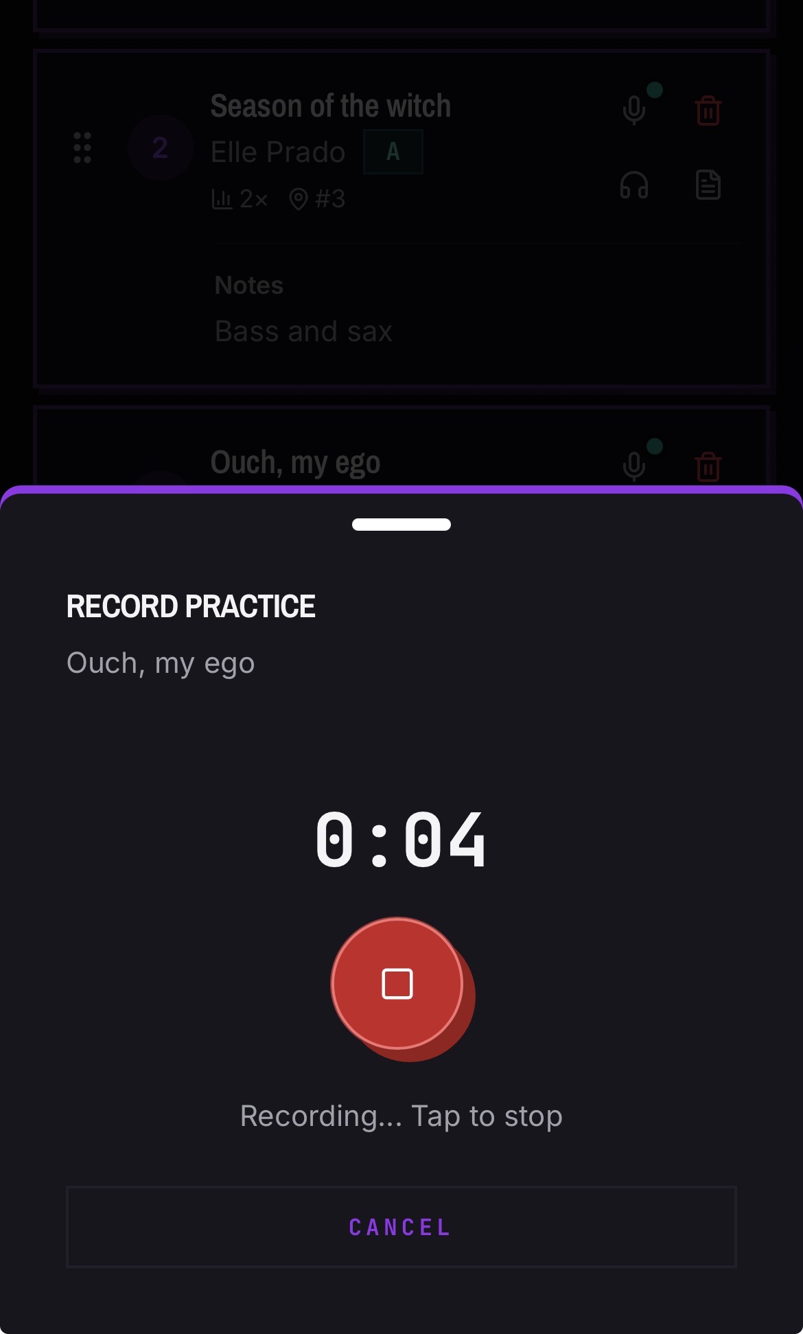 A rehearsal recording playing in BANDANA with playback controls
