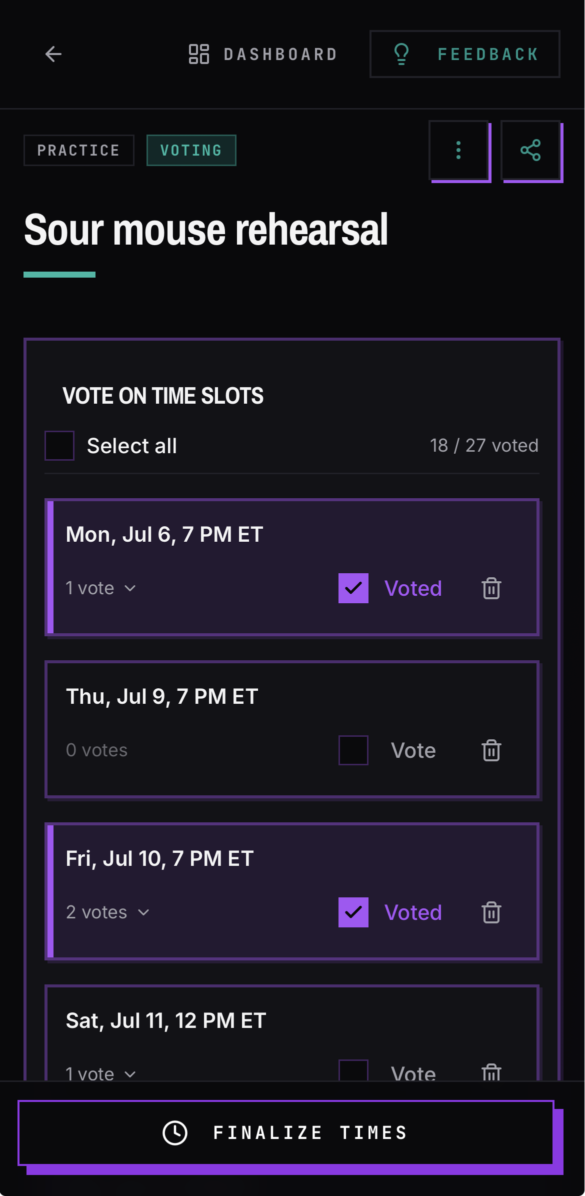 Band members voting on rehearsal time slots in BANDANA