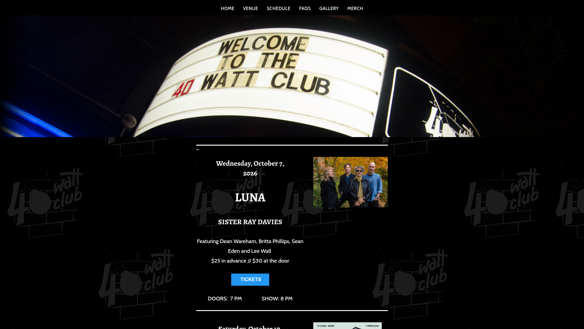 40 Watt Club — music venue in Athens, Georgia, homepage screenshot