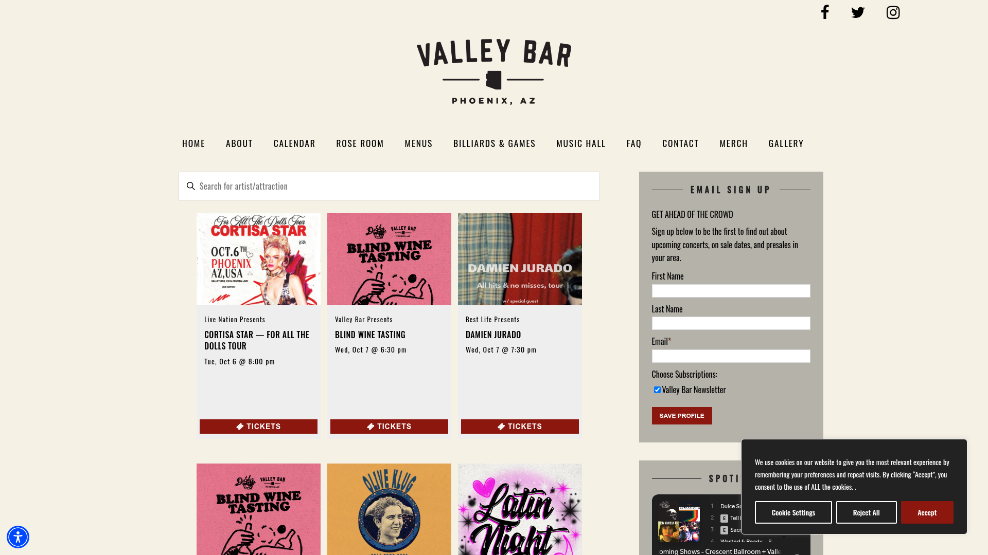 Valley Bar — music venue in Phoenix, Arizona, homepage screenshot
