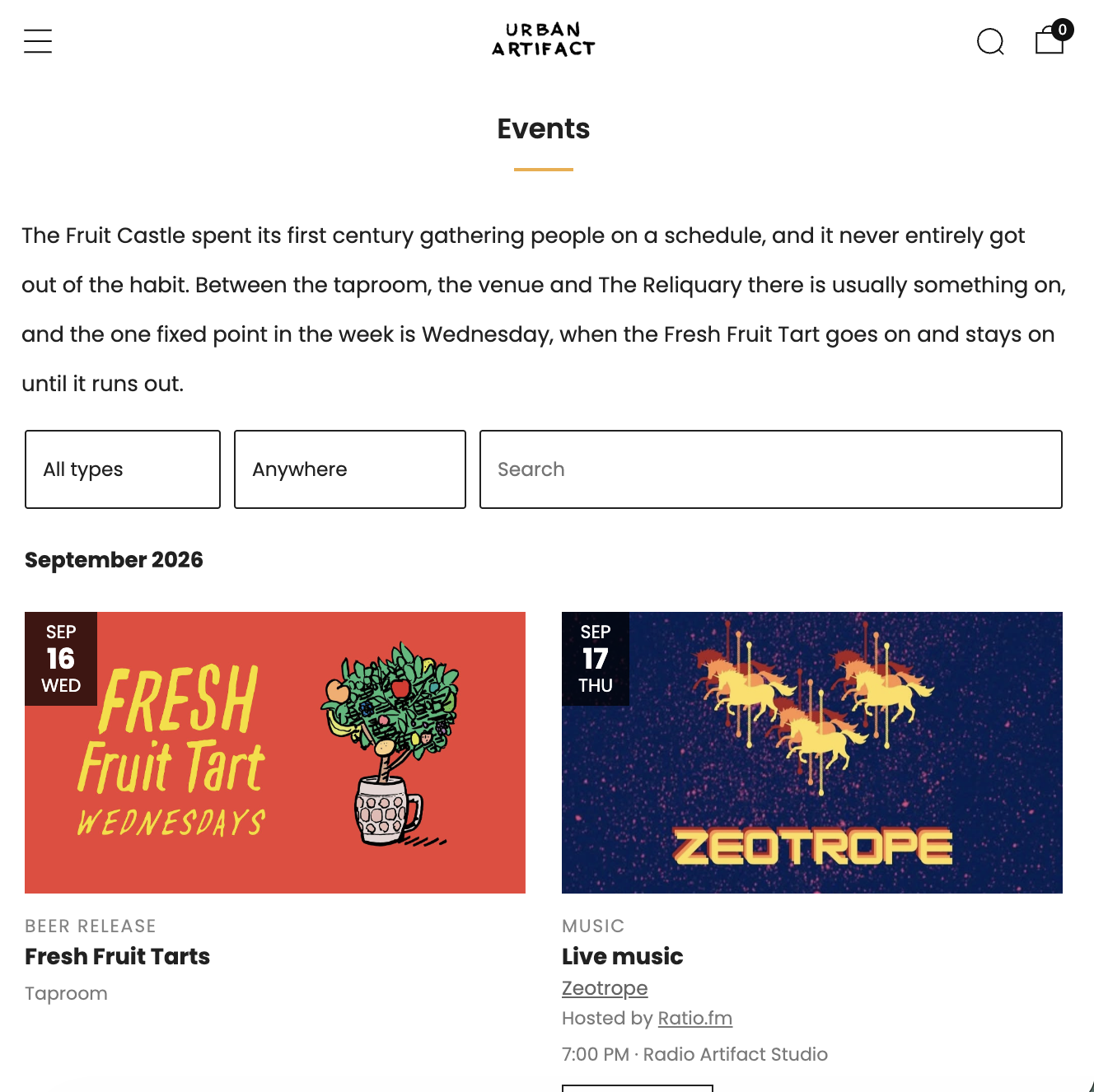 Urban Artifact — music venue in Cincinnati, Ohio, homepage screenshot