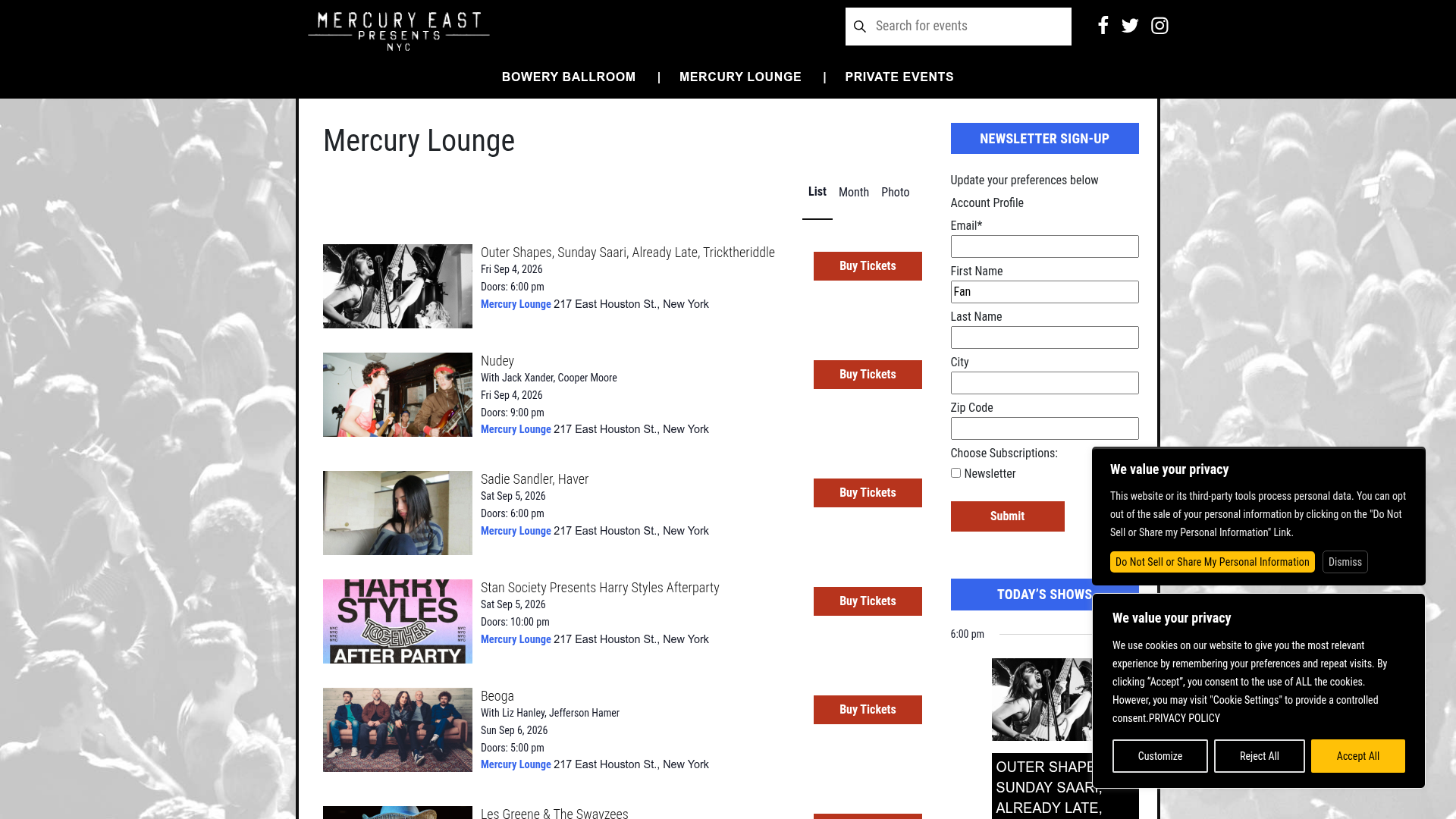 Mercury Lounge homepage