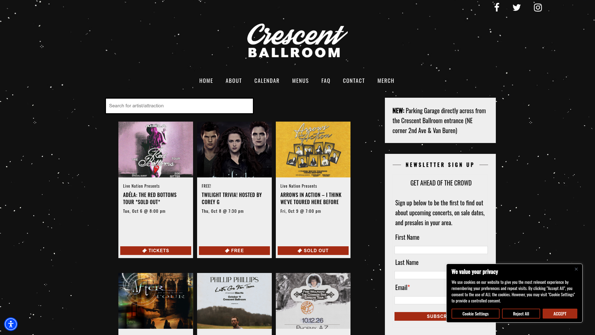 Crescent Ballroom — music venue in Phoenix, Arizona, homepage screenshot