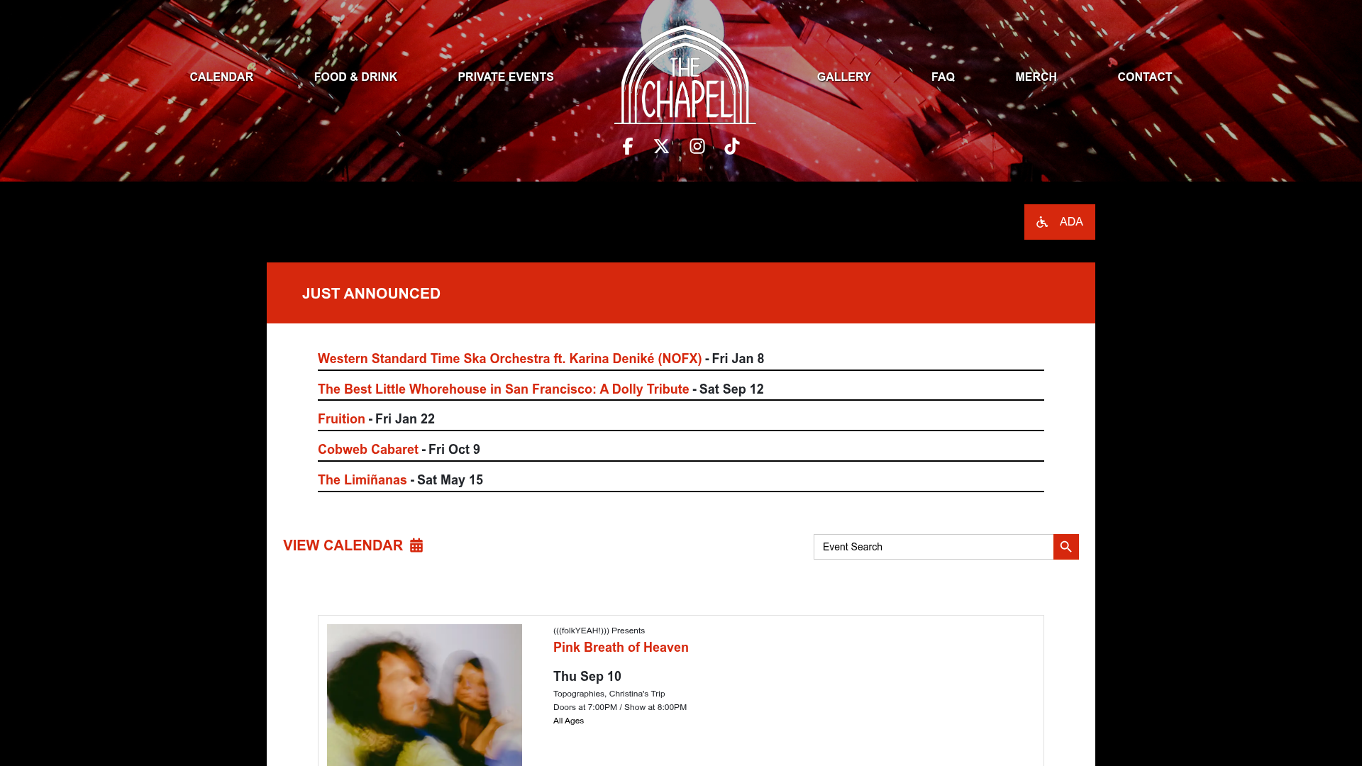 The Chapel — music venue in San Francisco, California, homepage screenshot