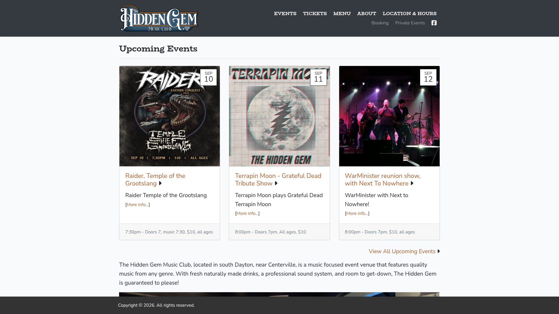 Hidden Gem Music Club — music venue in Dayton, Ohio, homepage screenshot