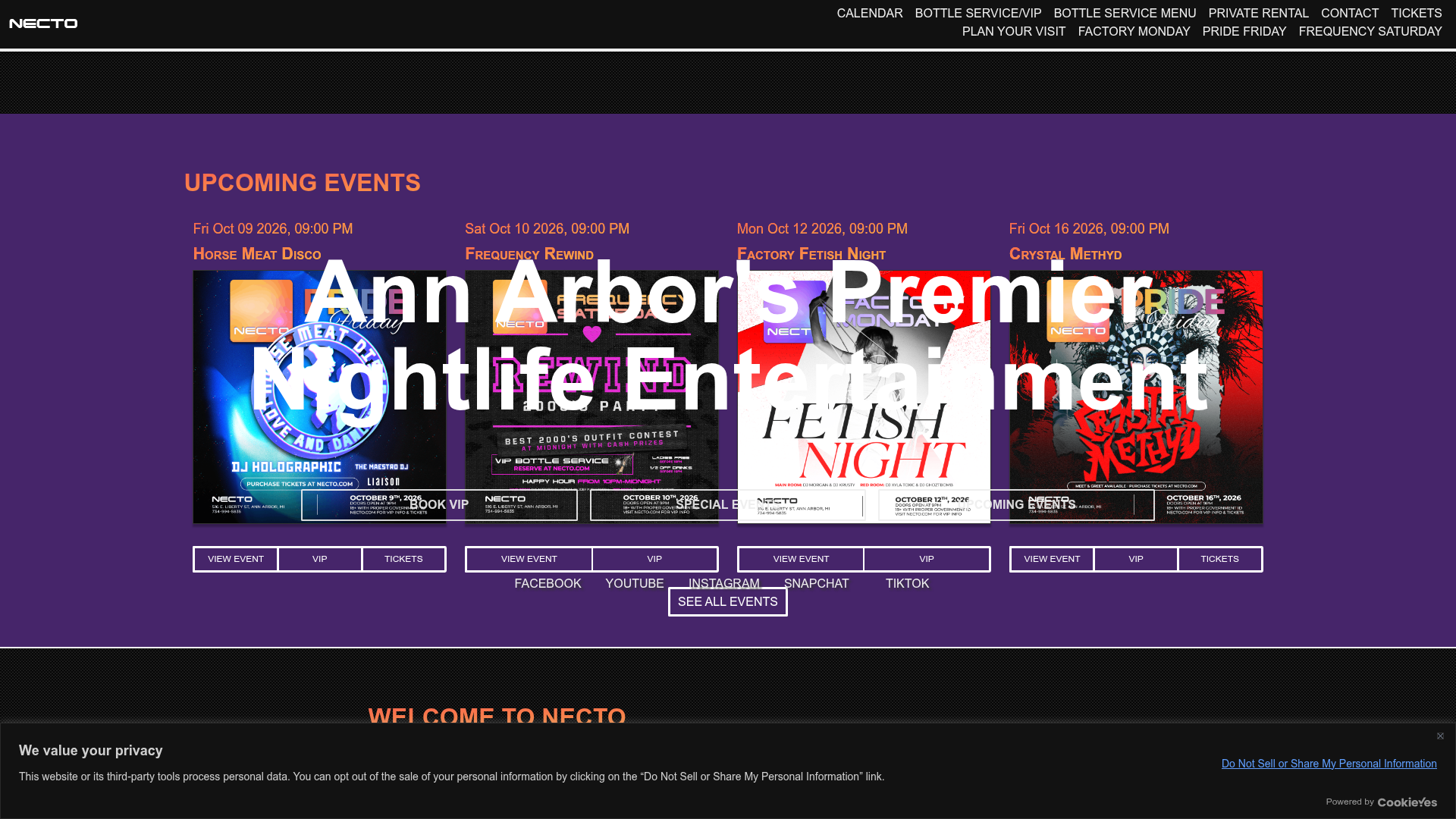 Necto — music venue in Ann Arbor, Michigan, homepage screenshot