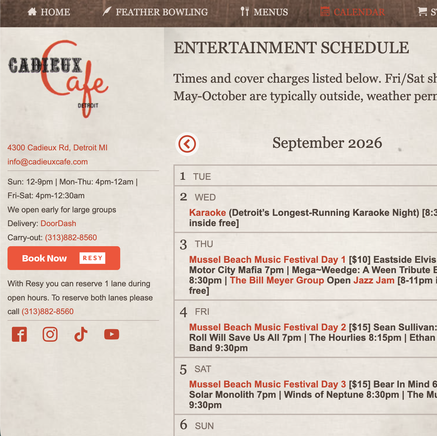 Cadieux Cafe — music venue in Detroit, Michigan, homepage screenshot