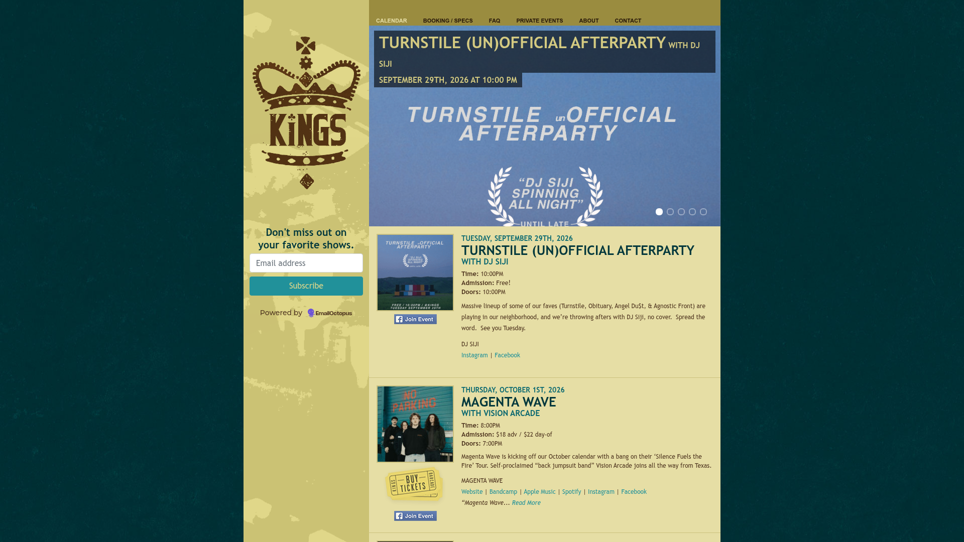 Kings — music venue in Raleigh, North Carolina, homepage screenshot