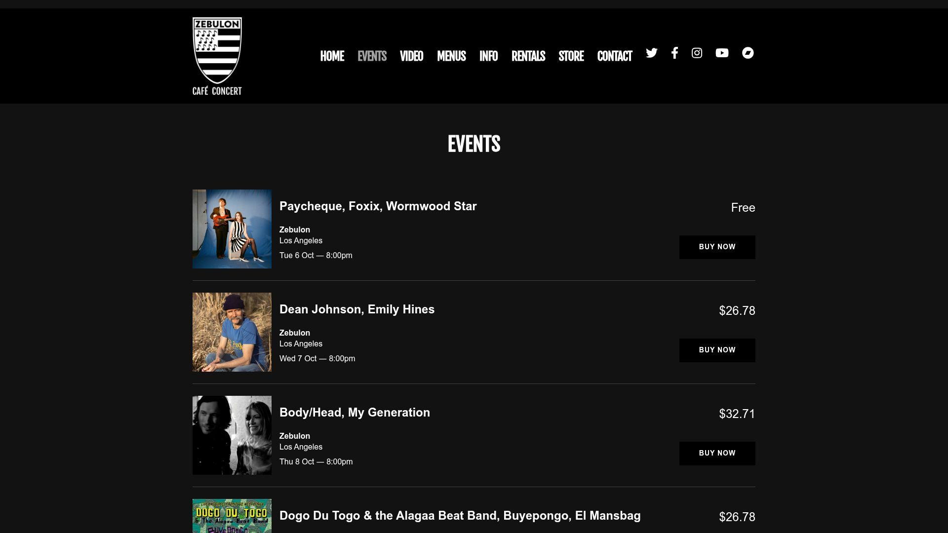 Zebulon — music venue in Los Angeles, California, homepage screenshot