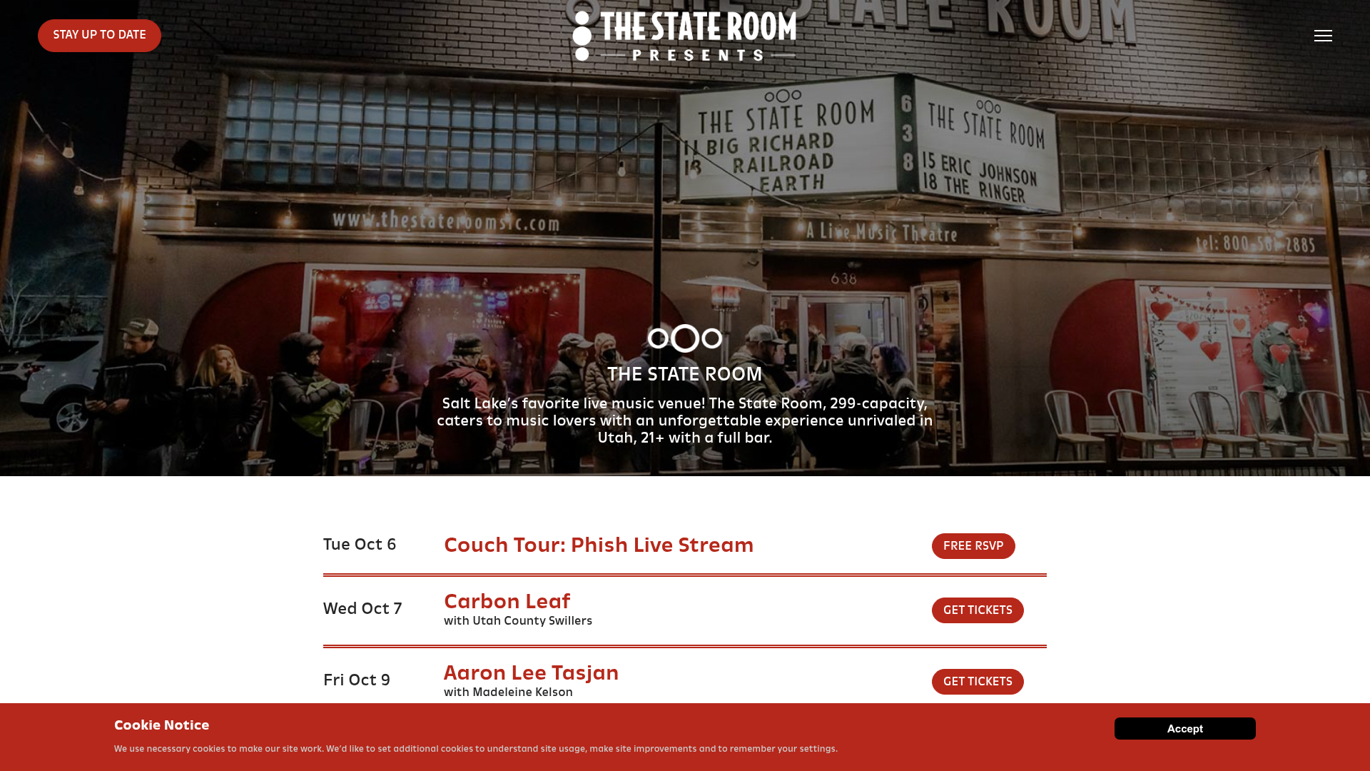 The State Room — music venue in Salt Lake City, Utah, homepage screenshot